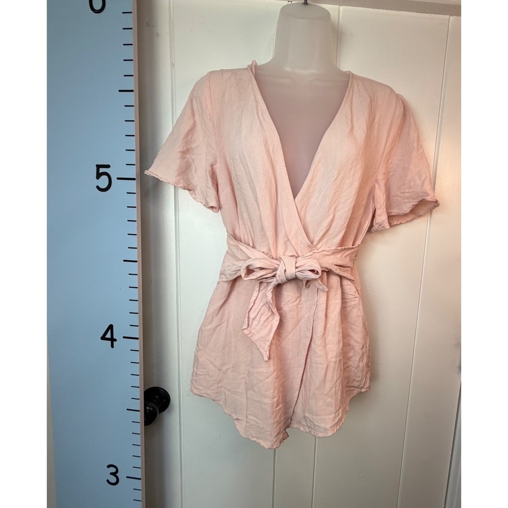Stolen‎ Hearts Pink Linen Skirt Romper Plunge Neck Waist Tie Short Sleeve Medium